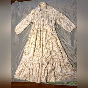 Nicole Miller Cream and Tan Leaf Maxi Dress